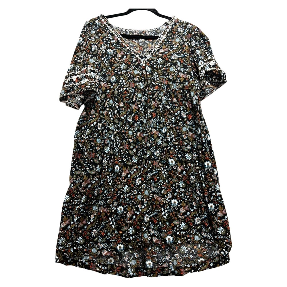 Old Navy M Womens Black Floral Short Sleeve V-Neck Boho Casual Dress Cottagecore